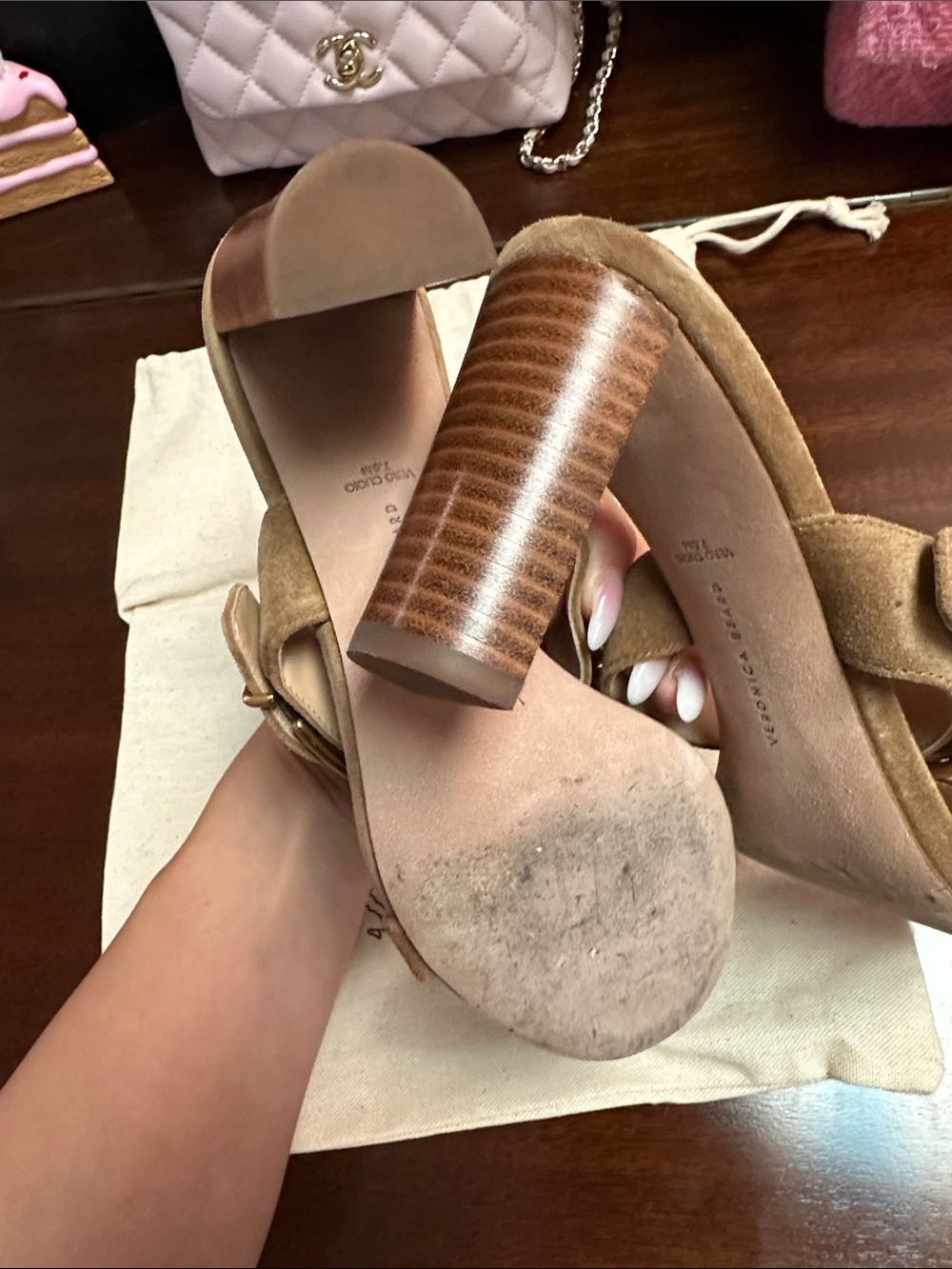 Veronica Beard Tan Suede Mule Sandals with Gold Buckle - Picture 6 of 8
